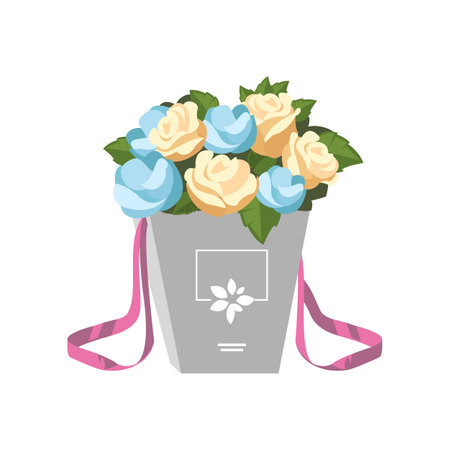 Bouquet of roses or peony in gift box cartoon illustration. Gorgeous white and blue flowers in beautiful package. Flower delivery, transportation, service conceptのイラスト素材
