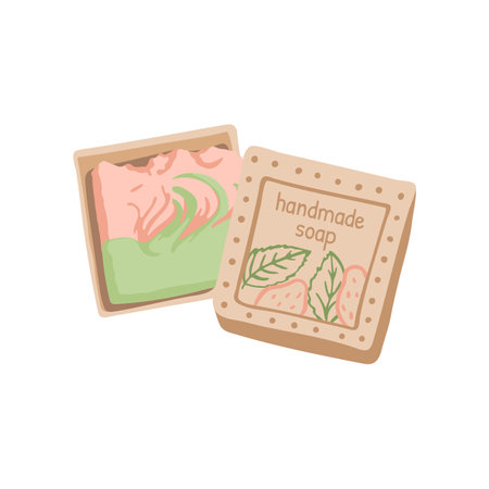 Handmade herbal soap for bath vector illustration. Bathing or beauty accessory with strawberry isolated on white background. Aromatherapy, relaxation, spa, cosmetics concept.のイラスト素材