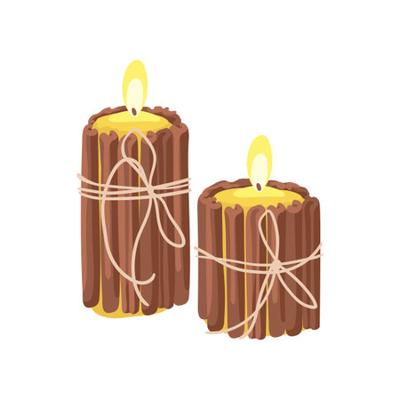Handmade cinnamon scented candles vector illustration. Bathing or beauty scented accessory isolated on white background. Aromatherapy, relaxation, spa, cosmetics concept.のイラスト素材
