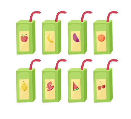 Green boxes of juice with straws vector illustrations set. Collection of cartoon drawings of cartons of apple, banana, orange, pear juice isolated on white background. Food, beverage, snack conceptのイラスト素材