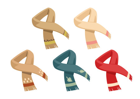 Cute scarves for cold winter weather vector illustrations set. Collection of cartoon drawings of colorful cloth or fabric isolated on white background. Accessories, fashion, seasons conceptのイラスト素材