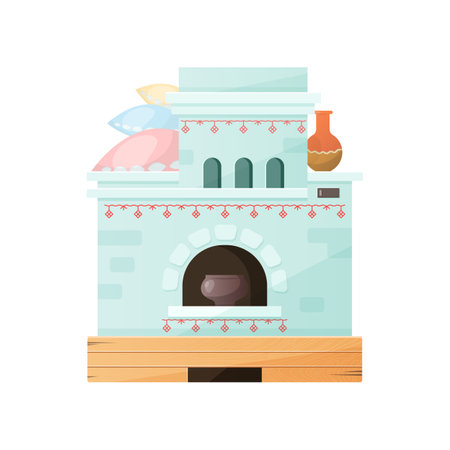 Old Russian traditional stove vector illustration. Farm house interior, rural kitchen with vase, pillows isolated on white background. Russia, culture concept.のイラスト素材