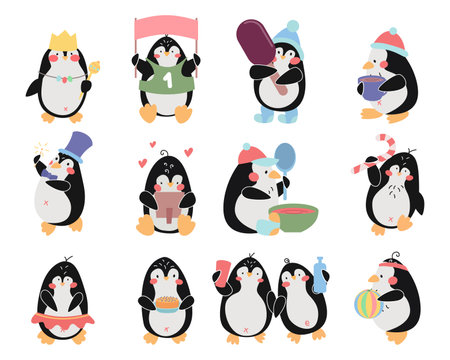 Cute happy penguins vector illustration set. Thirteen penguins with crown, magic wand, ball, ice cream, mug of tea, photo, plate of soup, lollipop, cake isolated on white background. Winter concept.のイラスト素材