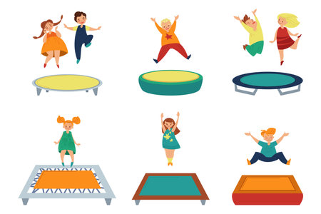 Children jumping on trampolines vector illustration set. Eight happy people jump on six bright trampolines in different poses isolated on white background. Fun, sport concept.のイラスト素材