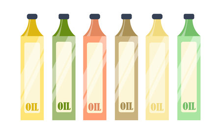 Bottles with different kinds of oil vector illustrations set. Collection of colorful glass bottles with olive, sesame, cooking oils isolated on white background. Food, cooking, nutrition conceptのイラスト素材