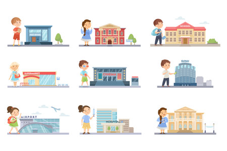 Children near public buildings vector illustration set. Nine children near post office, museum, school, supermarket, cinema, bank, airport, hospital, theater isolated on white background. City conceptのイラスト素材