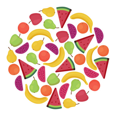 Circle pattern with different fruits vector illustration. Bananas, pears, oranges, apples, slices of watermelon isolated on white background. Food, healthy eating, nutrition, diet conceptのイラスト素材