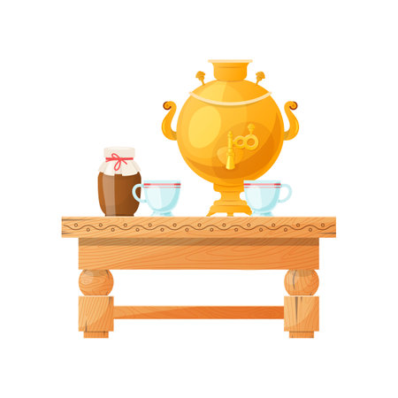 Old Russian samovar on table from wood vector illustration. Farm house interior, rural kitchen with cups, milk and tea isolated on white background. Russia, culture concept.のイラスト素材