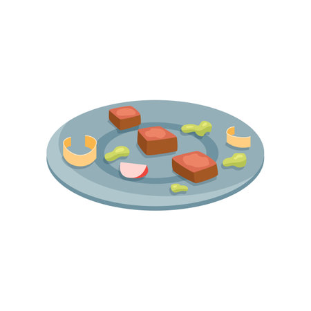 Molecular cubic food on blue plate cartoon illustration. Side view of molecular dish. Scientific approach to cooking. Luxury food, course, gastronomy, chemistry conceptのイラスト素材