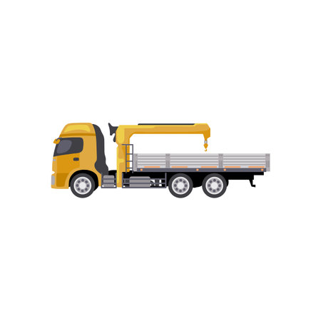 Cargo truck with crane flat vector illustration. Drawing or design of cargo vehicle for infographic isolated on white background. Transport, transportation, delivery concept.のイラスト素材