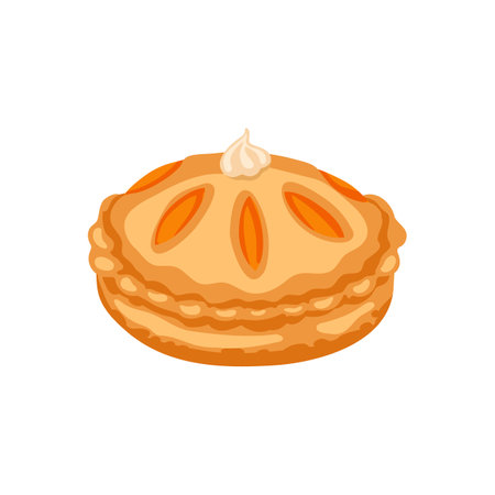 Sweet closed pumpkin pie with cream vector illustration. Cartoon drawing of whole pie with whipped cream on white background. Autumn, Thanksgiving day, desserts conceptのイラスト素材