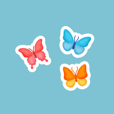 Retro hippie badge with butterflies vector illustration. Sticker or patch with butterflies on blue background. Hippie, peace, music, love, accessories conceptのイラスト素材