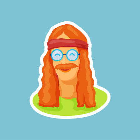 Retro hippie badge with happy man vector illustration. Sticker or patch with happy man in glasses on blue background. Hippie, peace, music, love, accessories conceptのイラスト素材