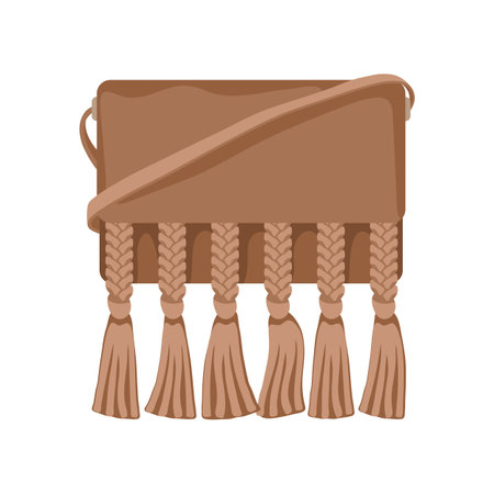 Brown bag in boho style vector illustration. Vintage outfit design element and accessory isolated on white background. Fashion, Bohemian style conceptのイラスト素材