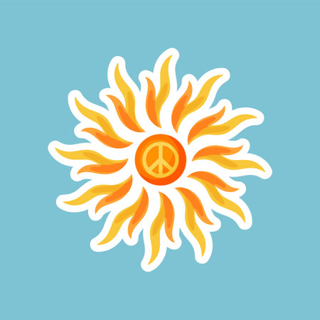 Retro hippie badge with sun vector illustration. Sticker or patch with sun and peace sign on blue background. Hippie, peace, music, love, accessories conceptのイラスト素材
