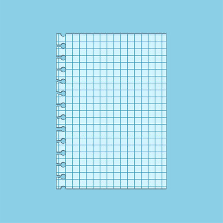 Blue checkered piece of paper for scrapbook illustration. Ripped paper, note, vintage notebook element, sticker or memo for collage isolated on blue background. Education, stationery conceptのイラスト素材