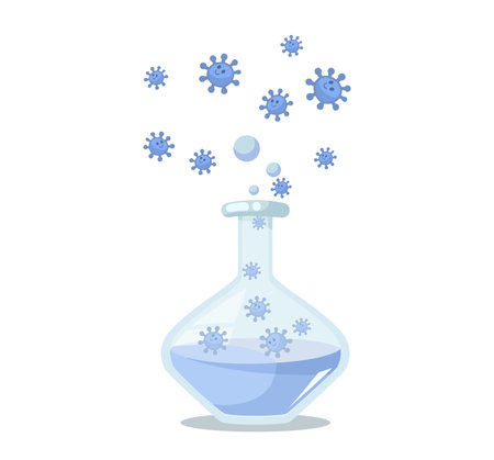 Glass bottle with liquid and chemicals vector illustration. Cartoon drawing of container with water or cure on white background, scientific experiment. Chemistry, hygiene, health, science conのイラスト素材
