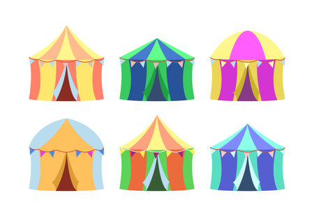 Colorful circus tents vector illustrations set. Collection of cartoon drawings of carnival tents for amusement park isolated on white background. Entertainment, leisure, recreation, decoration conceptのイラスト素材