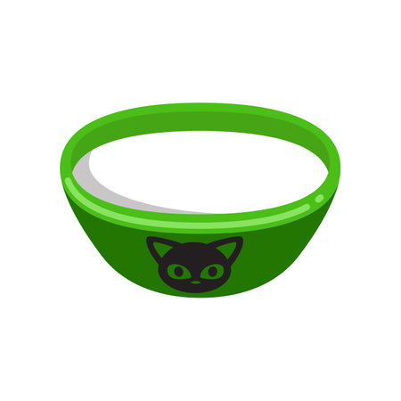 Green bowl with milk for cats cartoon illustration. Cartoon drawing of plastic bowl for felines or kittens isolated on white background. Pet shop, domestic animal, care conceptのイラスト素材