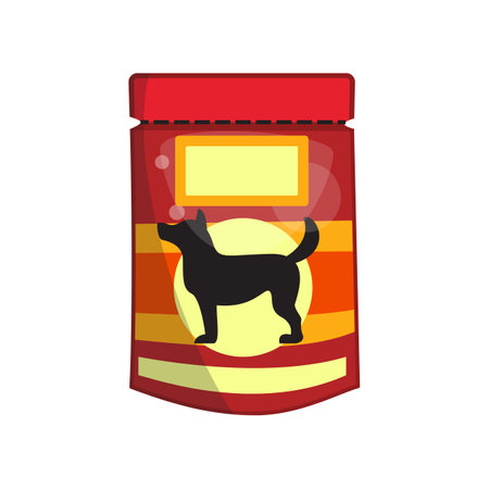 Ilustración de Red packaging with wet food dogs cartoon illustration. Cartoon drawing of pet food or snack isolated on white background. Pet shop, domestic animal, care concept - Imagen libre de derechos