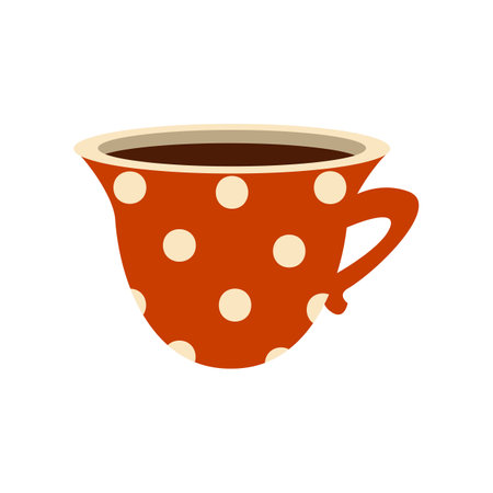 Red porcelain coffee and tea cup illustration. Ceramic mug for matcha, different beverages and drinks with cute Scandinavian pattern flat vector. Crockery, kitchen, cafe conceptのイラスト素材