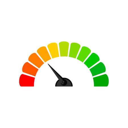 Business score half circle speedometer illustration. Indicator with color blocks from red to green, customers satisfaction with service. Evaluation, gauge rating meter conceptのイラスト素材