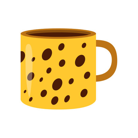 Yellow and brown porcelain coffee and tea cup illustration. Ceramic mug for matcha, different beverages and drinks with cute Scandinavian pattern flat vector. Crockery, kitchen, cafe conceptのイラスト素材
