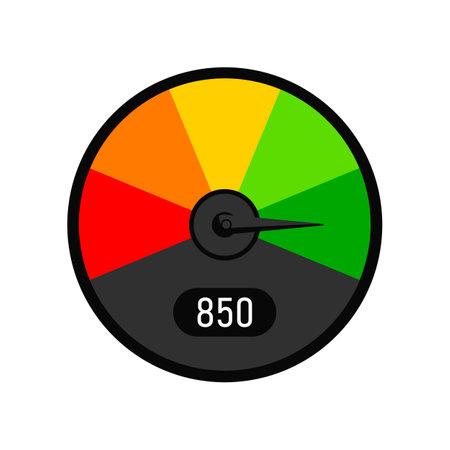 Business round speedometer with great score illustration. Indicator with color circles from red to green, customers satisfaction with service. Evaluation, gauge rating meter conceptのイラスト素材