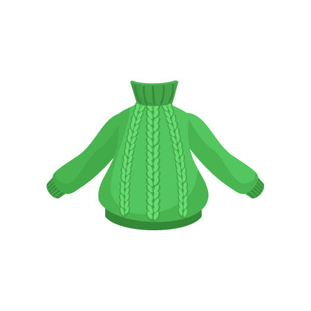 Winter green sweater for babies and kids cartoon illustration. Hand drawn knitted sweater on white background. Childrens wardrobe, fashion conceptのイラスト素材