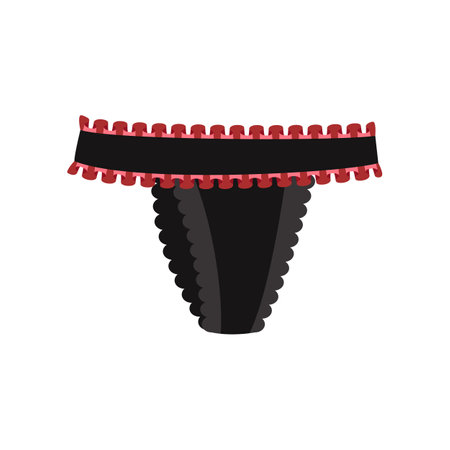 Black women thong with frills cartoon illustration. Cartoon drawing of female cotton or silk underwear, panties or tanga isolated on white background. Lingerie, femininity, glamour conceptのイラスト素材