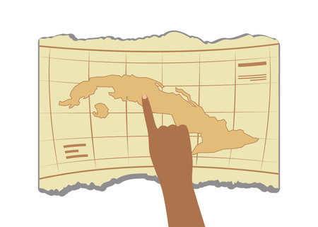 Female hand pointing at territory on map vector illustration. Cartoon drawing of student or geographer examining map isolated on white background. Education, geography, traveling conceptのイラスト素材