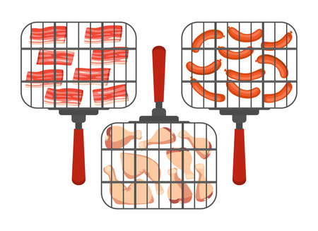 Grill baskets with different meat vector illustrations set. Cartoon drawings of sausages, bacon, chicken for barbecue isolated on white background. Barbeque, food, summer conceptのイラスト素材