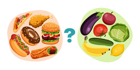 Healthy and unhealthy food vector illustrations set. Choice between pizza, hamburger, hot dog, and vegetables, fruit isolated on white background. Healthy eating, fast food, diet conceptのイラスト素材
