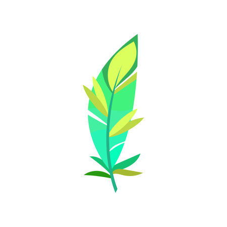Cute green bird feather cartoon illustration. Graphic bright quill with abstract pattern for web design isolated on white background. Plumage concept.のイラスト素材
