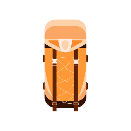 Orange hiking backpack cartoon illustration. Colorful knapsack for journey, trip, adventure and traveling isolated on white background. Luggage, carryon conceptのイラスト素材