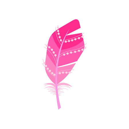 Pink bird feather with pearls cartoon illustration. Graphic bright quill with abstract pattern for web design isolated on white background. Plumage concept.のイラスト素材