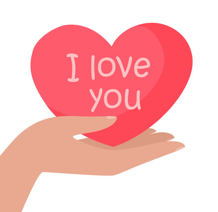 Hand holding comic heart with confession vector illustration. Cartoon drawing of heart with I love you text isolated on white background. Love, romance, relationship, Valentines day conceptのイラスト素材