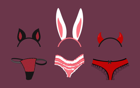 Headbands and underwear vector illustrations set. Cartoon drawings of bunny and demon ears and lingerie or panties isolated on burgundy background. Fashion, underwear, accessories conceptのイラスト素材
