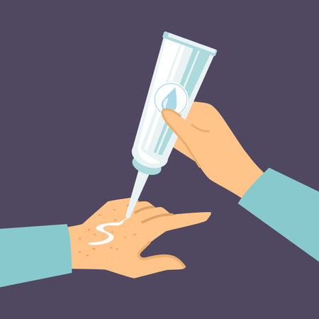 Hands of person with allergy applying cream vector illustration. Drawing of character using cream for allergic skin on purple background. Skin care, treatment, health, cosmetology, beauty conceptのイラスト素材