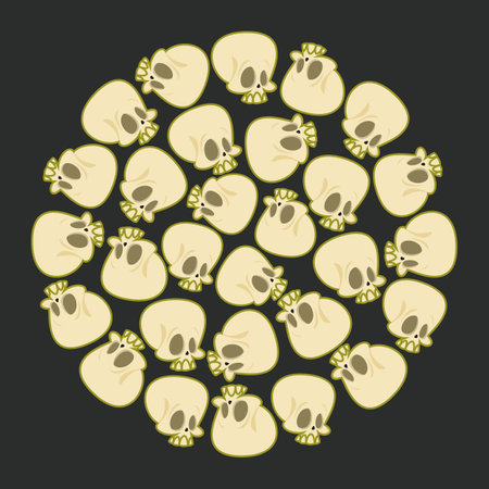 Circular pattern with spooky comic skulls vector illustration. Cartoon drawing of round ornament with human skulls on black background. Halloween, horror, decoration conceptのイラスト素材