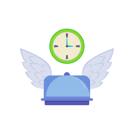 Covered plate with wings and clock vector illustration. Express food delivery element isolated on white background. Food delivery conceptのイラスト素材