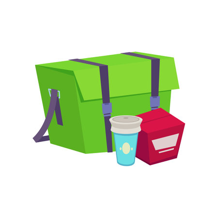Large bag for delivering food and drinks vector illustration. Express delivery elements isolated on white background. Food delivery conceptのイラスト素材