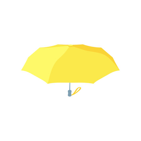 Yellow open umbrella illustration. Cartoon drawing of cute parasol for autumn, summer or sunshade on white background. Weather, accessories, climate conceptのイラスト素材