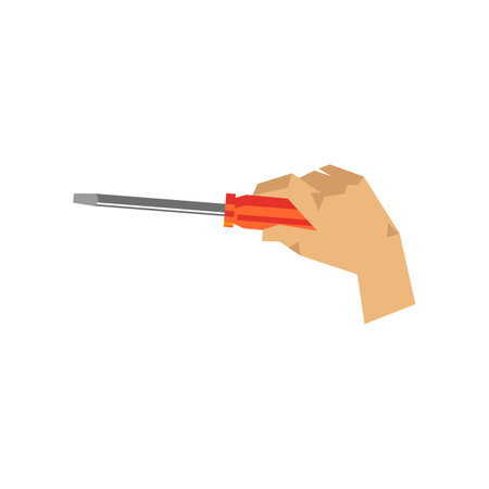 Hand of craftsman holding screwdriver vector illustration. Cartoon drawing of hand with steel instrument for construction on white background. Construction, industry, repair service conceptのイラスト素材