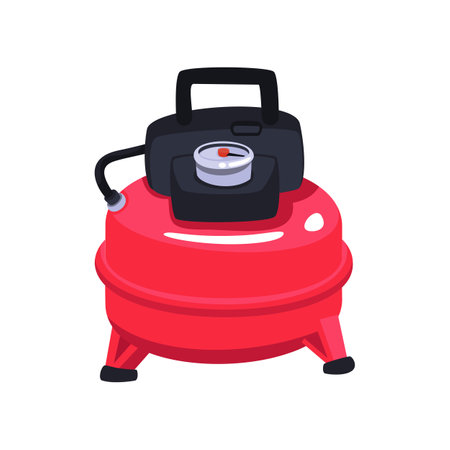 Red air compressor vector illustration. Vector illustration of pneumatic equipment for construction works. Cartoon machine with pump, tank of gas under pressure, rotary engine isolated on white. Ductのイラスト素材