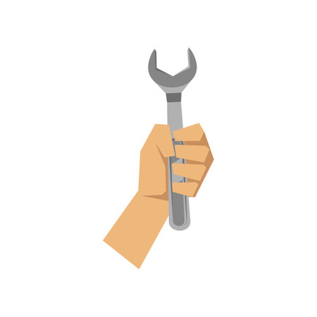 Hand of plumber holding wrench vector illustration. Cartoon drawing of hand with steel instrument for plumbing on white background. Construction, industry, repair service conceptのイラスト素材