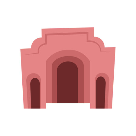 Abstract boho pink building. Vector illustration of minimalist building with geometric style. Cartoon minimal building with arches or doors isolated on white background. Geometry, city conceptのイラスト素材