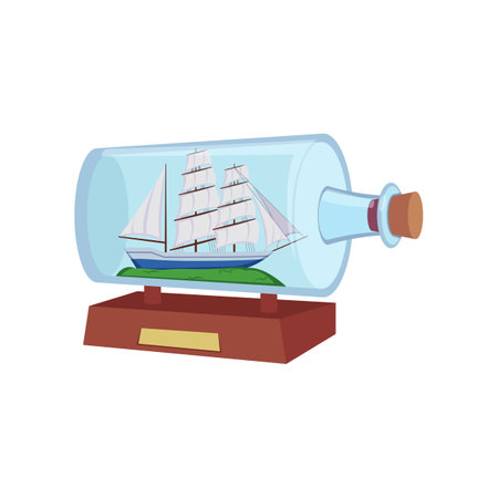 Ship inside horizontal glass bottle vector illustration. Drawing of souvenir, miniature model of sea vessel with white sails isolated on white background. Decoration, hobby or craft, adventure conceptのイラスト素材