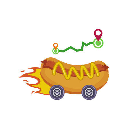 Fast hot dog on wheels vector illustration. Express food delivery element isolated on white background. Food delivery conceptのイラスト素材
