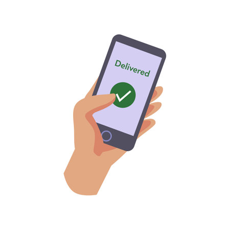 Human hand holding mobile phone with successful delivery sign isolated on white. Vector illustration of delivery express service. Delivery technology conceptのイラスト素材